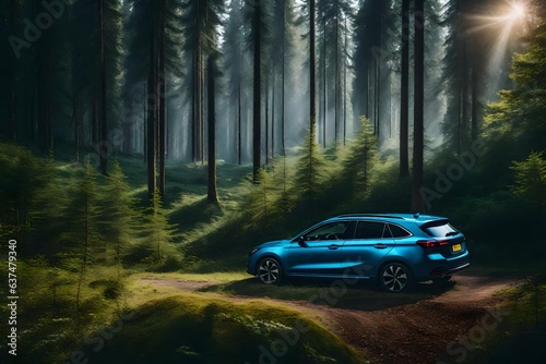 a compact hatchback parked at the edge of a tranquil forest clearing, surrounded by tall trees © Wardx