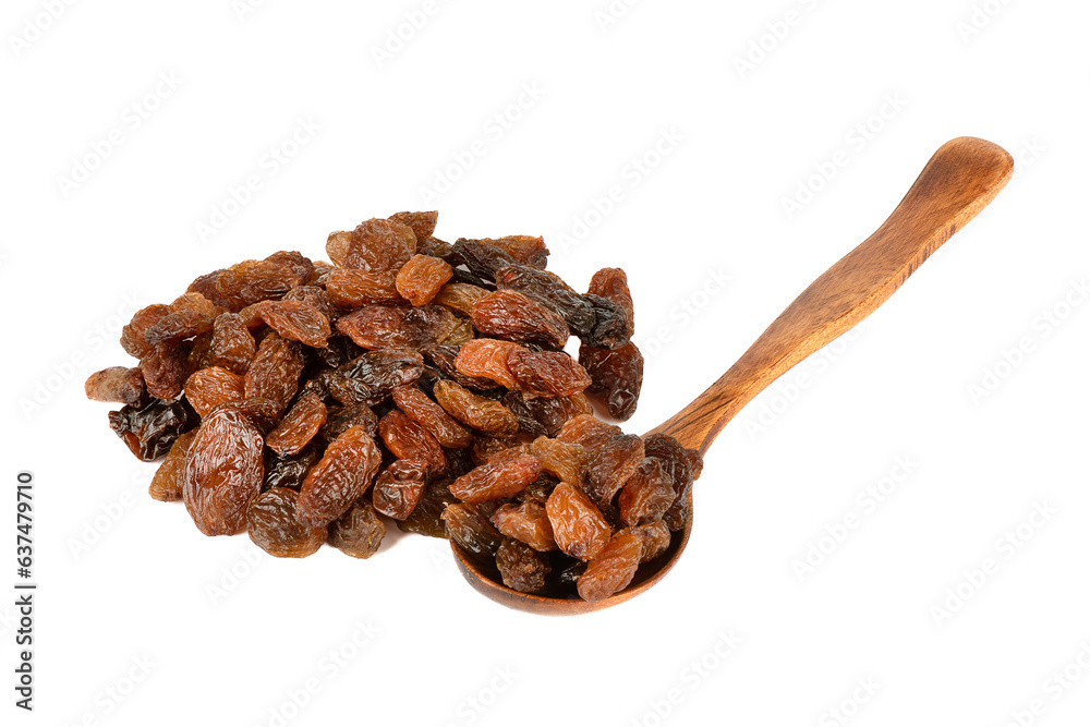 Obraz premium Dried sweet pitted raisins on a spoon and on a white background.