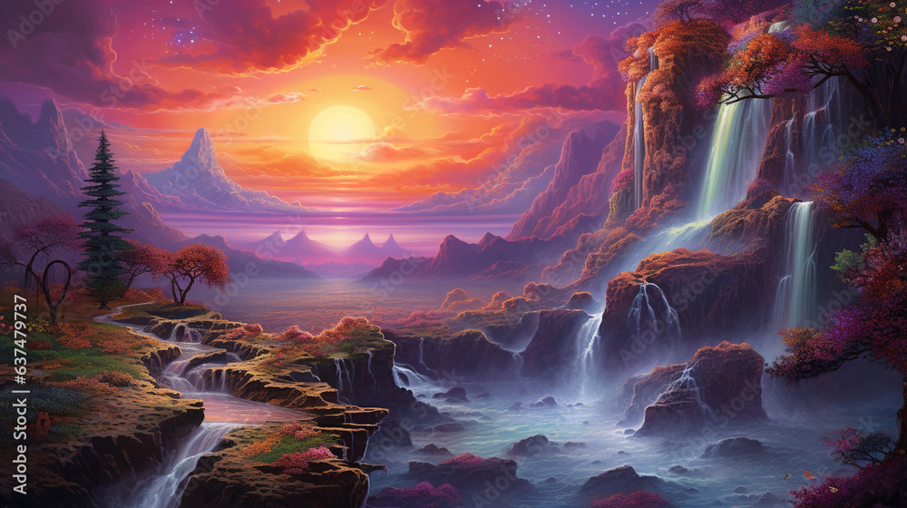 fantasy landscape with sunset and waterfall..Generative Ai