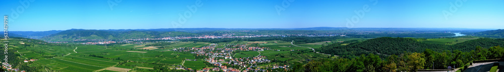 Panoramic view across the Danube valley seen from the terrace of the abbey Goettweig on a sunny summer day, Austria