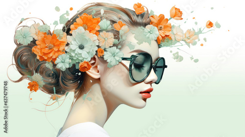A profile portrait captures a beautiful young woman with her eyes closed. She wears stylish sunglasses and adorns her hair with delicate flowers. photo