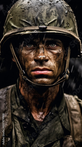 a soldier with mud on his face and helmet