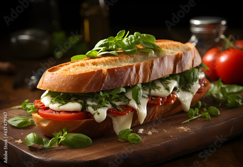 Sandwich with mozzarella, tomatoes and basil on wooden board