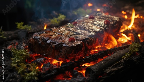 Grilling steak is resting on a grill with flaming. Creative. Generative AI