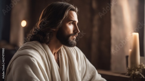 Jesus Christ sits in a room and looks toward a window, side light