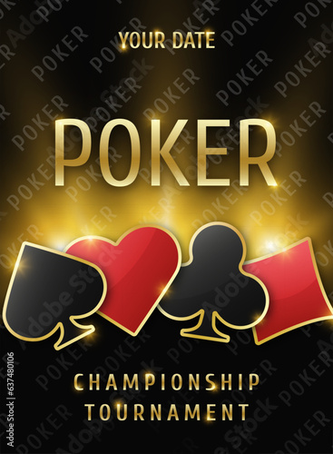 Poker championship tournament banner. Poker logo with suit chips. Clubs, diamonds, spades, hearts on a black background. Vector illustration.