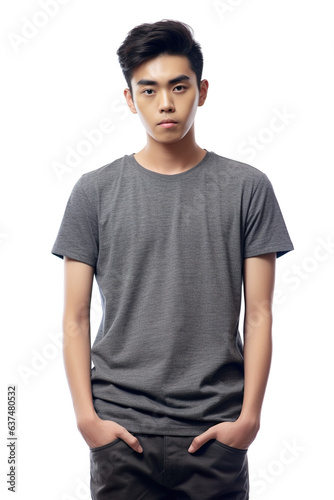 Charcoal grey t-shirt mockup for teens and young adults, model wearing blank tshirt with space for your design, lettering or logo.