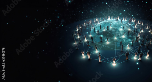 Global social network world on dark copyspace background. Connected people communication technology