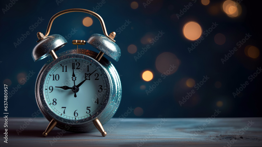 An alarm clock sitting on top of a wooden table. Digital image. Night background with lights. - obrazy, fototapety, plakaty 