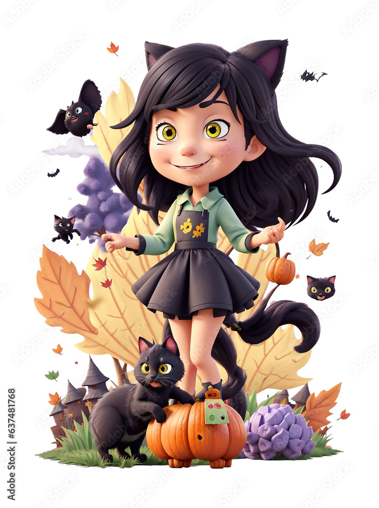 3D Anime Cute Witch Girl, Watercolor Effect, Halloween Concept, PNG Clipart