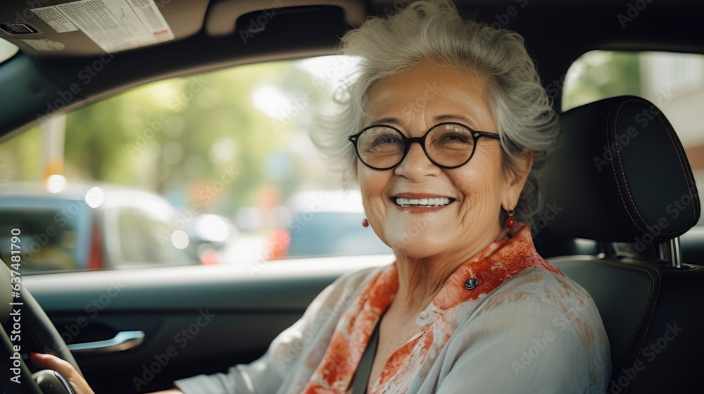 Happy car owner. positive smiling mature woman sitting relaxed in newly bought car looking at the camera smiling joyfully. One old senior driving and having fun.,ai generate - obrazy, fototapety, plakaty 