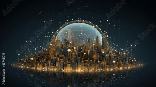 Global social network future city on dark copyspace background. Internet communication technology