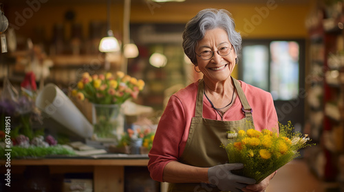 Senior woman sales flowers in flower shop. Happy smiling mature florist woman having eyeglasses and working at flower shop ai generate