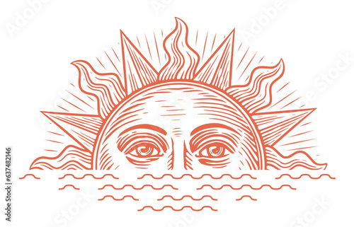 Sunrise illustration engraving style. Vintage sketch vector with rising sun and sea waves