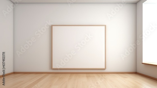 Minimal wooden frame on parquet floor, white background, 3D render. © Lasvu