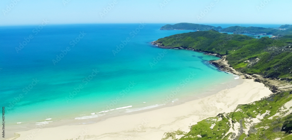Obraz premium high angle view of sea and sand Ocean and mountains 3D illustration