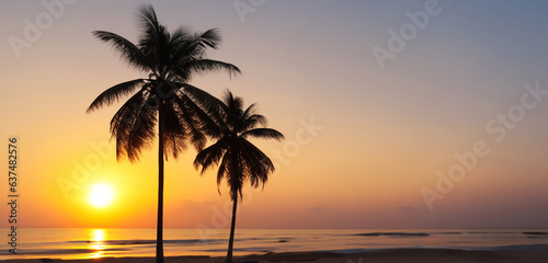 By the sea in the evening at sunset Beautiful romantic sunset through a palm leaf on paradise beach 3D illustration