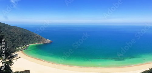 high angle view of sea and sand Ocean and mountains 3D illustration