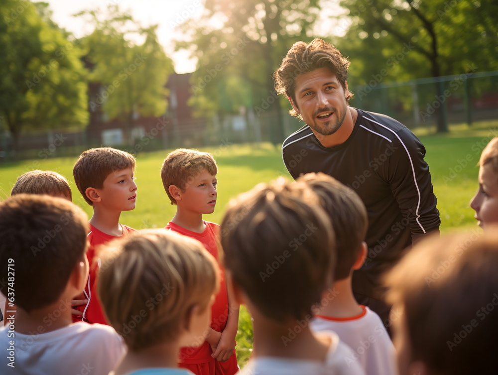 Fototapeta premium Elementary school kids and teacher sitting with ball in field
