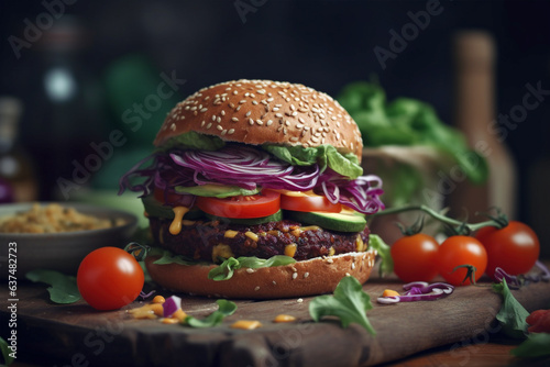 Hamburger with meat patty and vegetables. 