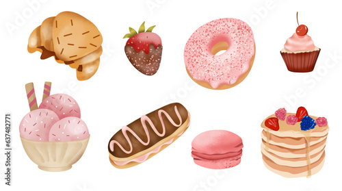 Set of delicious desserts, vector. Eclair, macaron, ice cream bowl, strawberry in chocolate, croissant, donut, cupcake. Colorful illustrations, for banner, greeting card, poster, invitation, menu