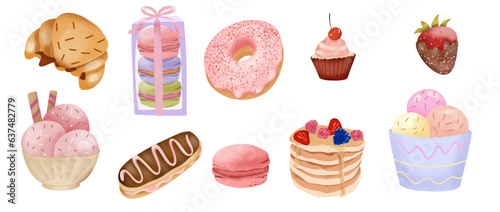 Watercolor collection of desserts, beautiful and colorful illustration, clip art element, ready to print. Perfect for invitation, card, banner, decoration, patterns, stickers, wallpapers, textile 