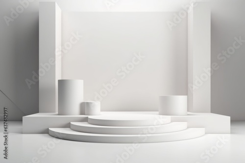 A set of white pedestals in a white room. Digital image. Copyspace, place for product.