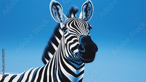  a close up of a zebra s face against a blue sky.  generative ai