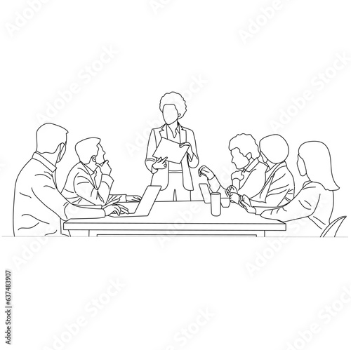 Office workers at a business meeting. Business people discussing in conference room Line art drawing isolated on white background.