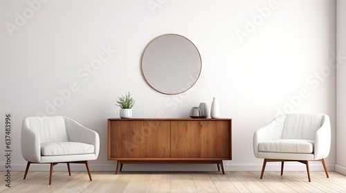 minimalist living room with armchair, sideboard, mirror, crockery, books, stool, white wall, hardwood floor for meeting.
