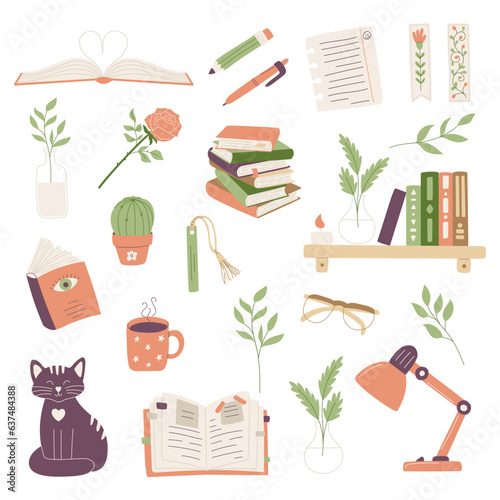 Set of books and decorative elements, symbolizing reading, learning. Stack of books, bookmark, bookshelf, table lamp. Minimal flat cartoon vector illustration isolated on a white background.