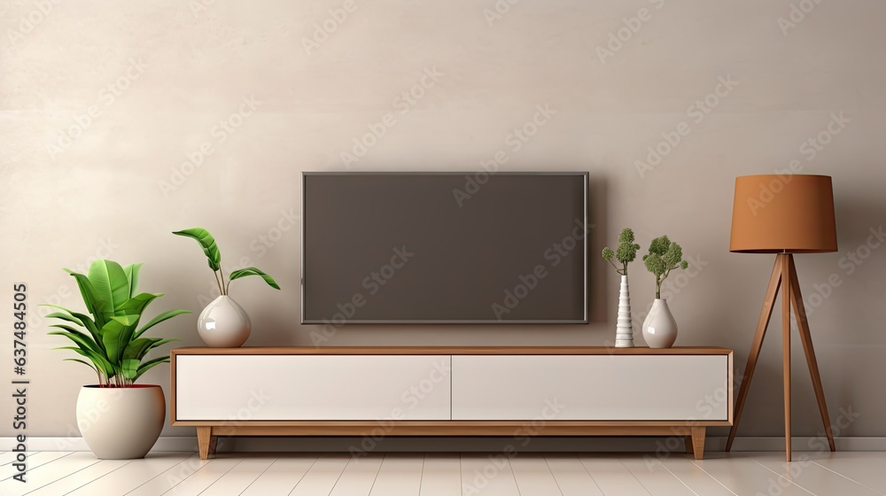 Contemporary TV furniture with decorations close to cream colored wall. Area for customization.