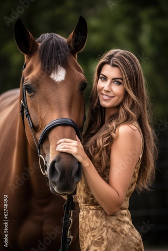an attractive woman posing happily with her horse