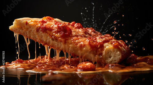 A slice of pizza with melted cheese dripping from it. Generative Ai