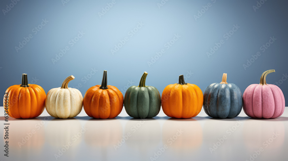 Colourful plastic pumpkins on the table