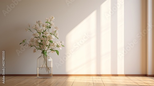 In a hallway with wooden flooring and white trimmed walls, there is a vase of flowers on a glass block wall.