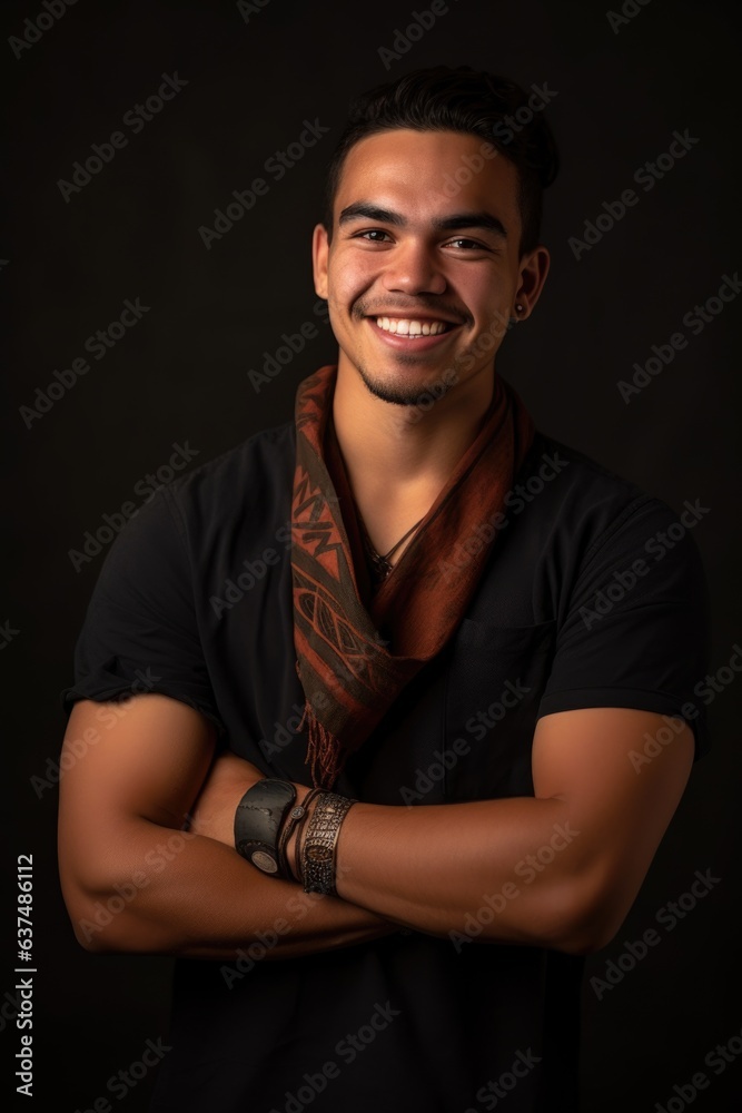 portrait of a young indigenous man standing and smiling with his arms crossed portrait of a young indigenous man standing and smiling with his arms crossed