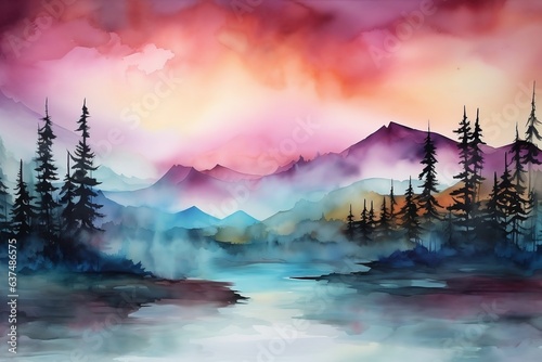 Colorful lake landscape alcohol ink soft colors and fading into misty background © Super Shanoom
