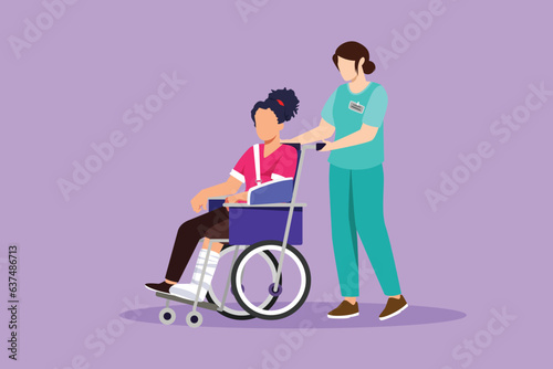Character flat drawing disabled woman patient in wheelchair and doctor. Female transporting person walk in hospital. Medicine service. Rehabilitation and healthcare. Cartoon design vector illustration