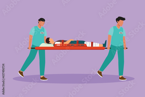 Character flat drawing ambulance emergency medical service. Medic staff carrying male patient in stretcher. Emergency doctor carrying man on stretcher to hospital. Cartoon design vector illustration