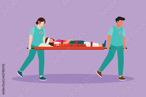 Graphic flat design drawing paramedic team of woman doctors moving with injured sick patient on stretcher to ambulance car. Saving lives, calling emergency accident. Cartoon style vector illustration