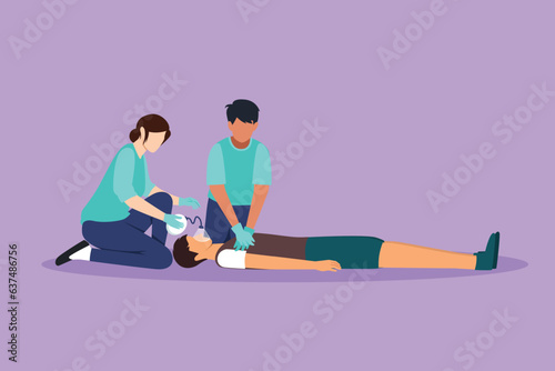 Character flat drawing emergency doctors doing cardiopulmonary resuscitation of man at emergency room. Paramedic giving indirect heart massage first aid to patient. Cartoon design vector illustration