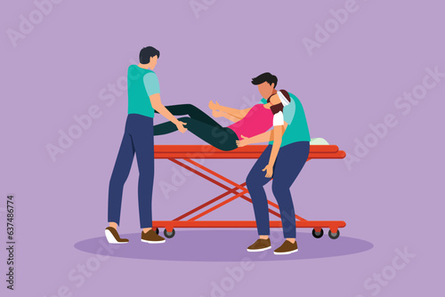 Graphic flat design drawing unconscious woman patient in emergency room. Nurse, wearing white coat with wheelchair. Nurse boys, putting down young female on gurney. Cartoon style vector illustration