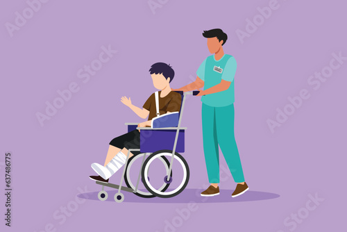 Character flat drawing disabled little boy with broken hand, leg riding wheelchair with nurse assistance. Kids patient in traumatology hospital. Disability concept. Cartoon design vector illustration