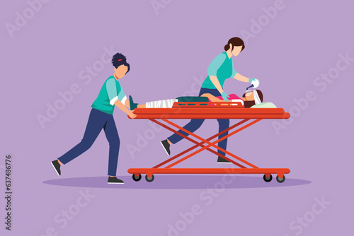 Graphic flat design drawing doctors push gurney with sick woman. Emergency room in hospital. Medical staff, infected patient. Health care and aid. Medical quarantine. Cartoon style vector illustration