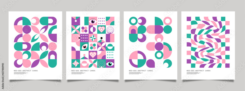 Poster design with abstract geometric shapes. Cards, flyers, banners with geometric elements. Templates for holidays, invitations, business and social media. Cards with mosaic pattern. Place for text.