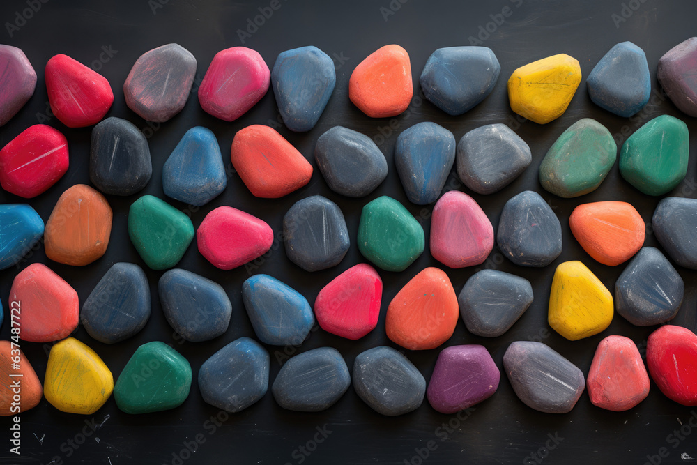 Multicoloured chalk on a blackboard Top view Multicoloured chalk on a blackboard Top view