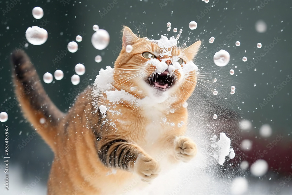 Cat smacked by snowball. Cute kitten with surprised and angry face, hit by snow during snow fight.