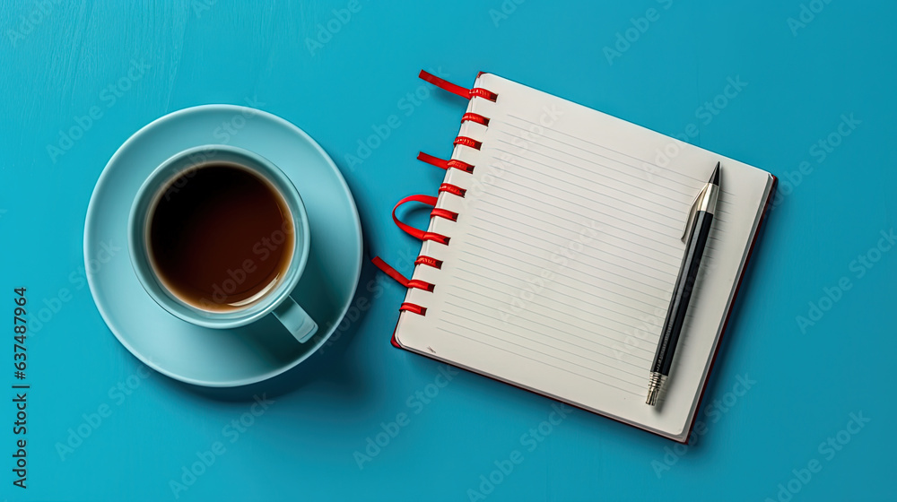 Cup of coffee and notepad with pen, top view. Cup of coffee and notepad with pen, top view.