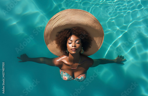 Young black woman wearing straw hat relaxing at spa pool - Beautiful woman relaxing in outdoor spa swimming pool - Top view of attractive girl enjoy vacation at resort. Generative AI